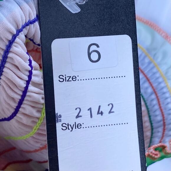 NWT STYLEWISE Top UK 6~US 2 Rainbow Stripe Smocked Off-Shoulder Ruffle Short-Slv - Picture 5 of 6